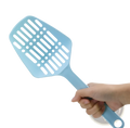 Light blue pastel plastic cat litter scoop with solid handle and slotted head for easy cleaning