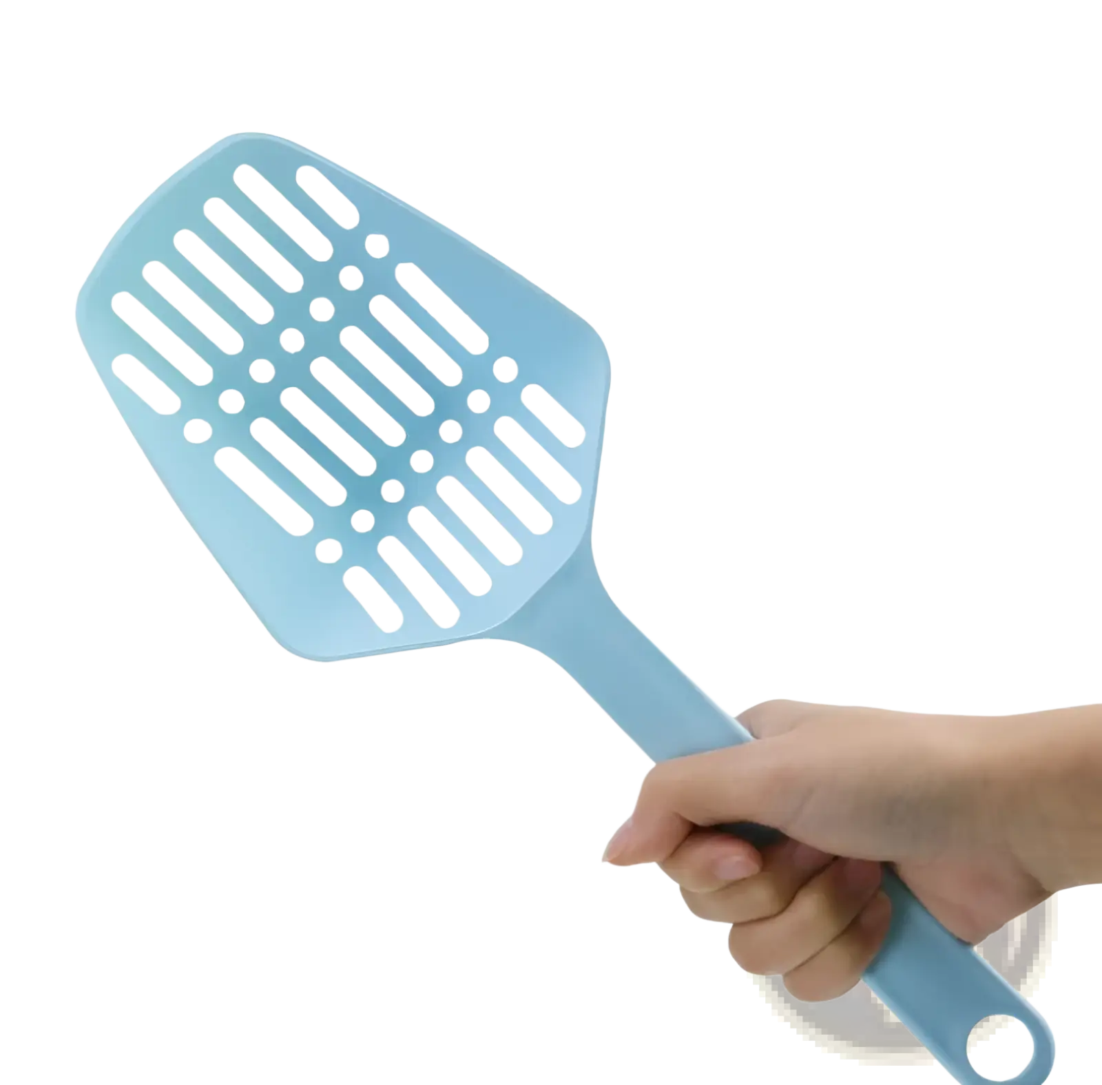 Light blue pastel plastic cat litter scoop with solid handle and slotted head for easy cleaning