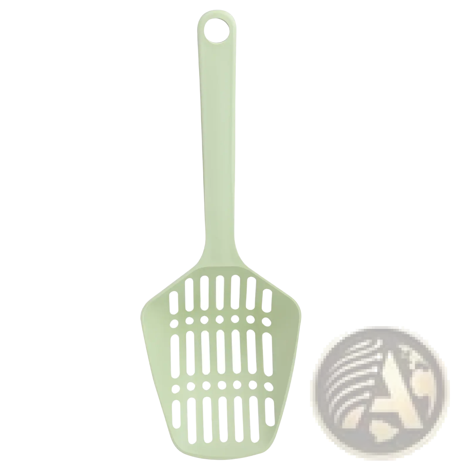 A pale green pastel plastic cat litter scoop with a solid rounded handle and a slotted head for easy cleaning