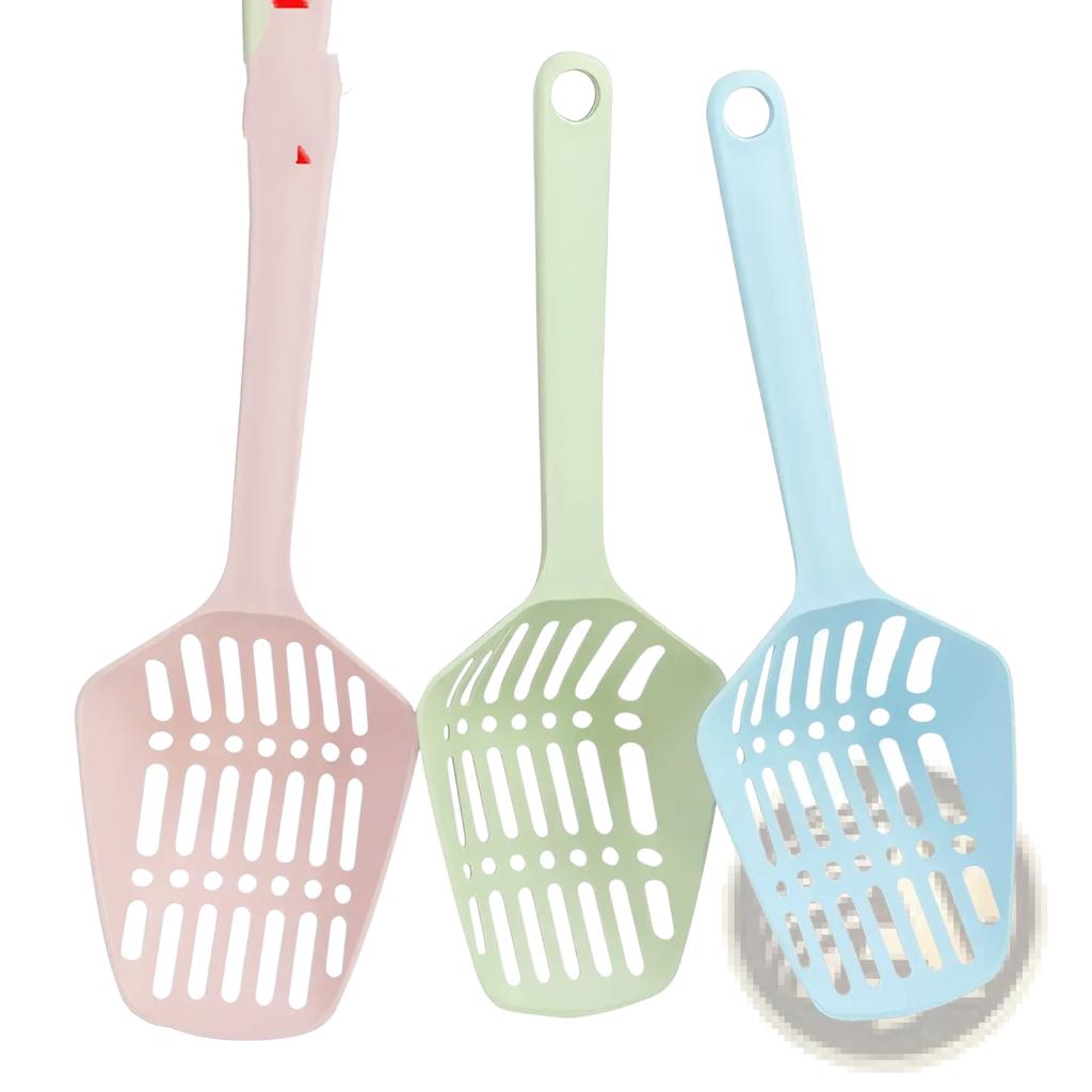 Pastel plastic cat litter scoop with solid handle in pink mint green and light blue for easy cleaning