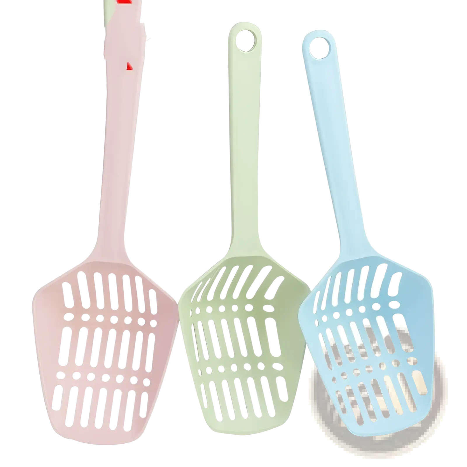 Pastel plastic cat litter scoop with solid handle in pink mint green and light blue for easy cleaning