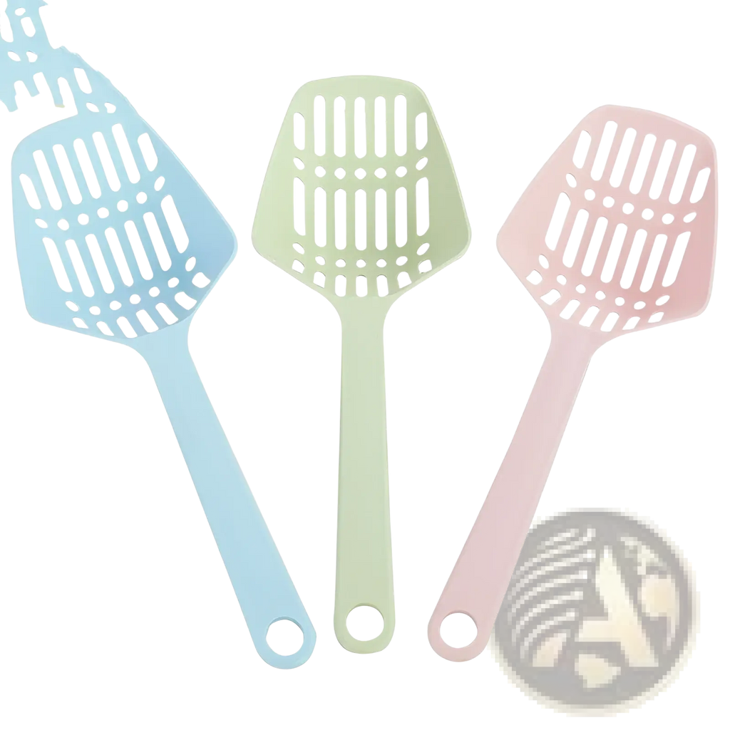 Pastel plastic cat litter scoop solid handle in light blue mint green and soft pink plastic for easy cleaning