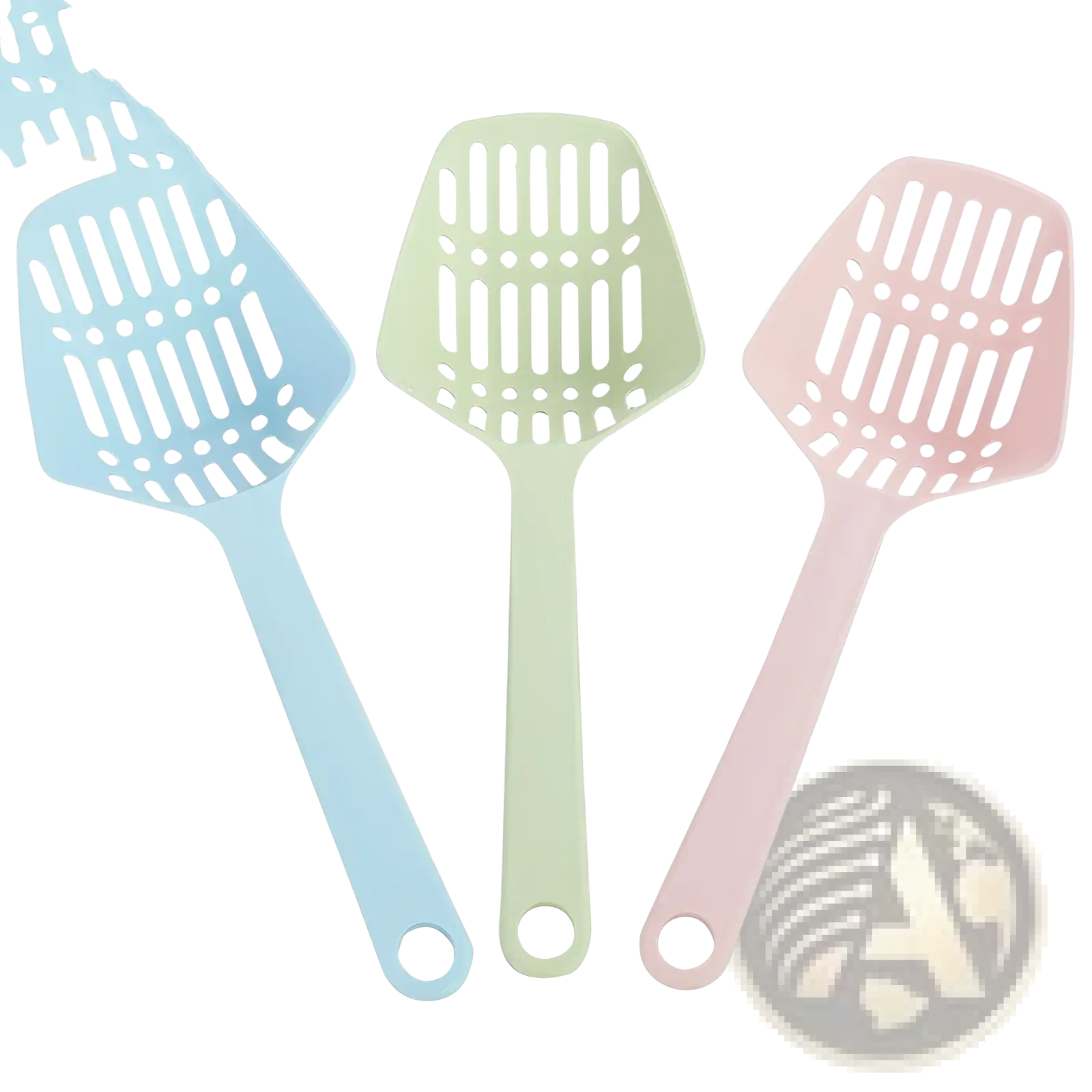 Pastel plastic cat litter scoop solid handle in light blue mint green and soft pink plastic for easy cleaning