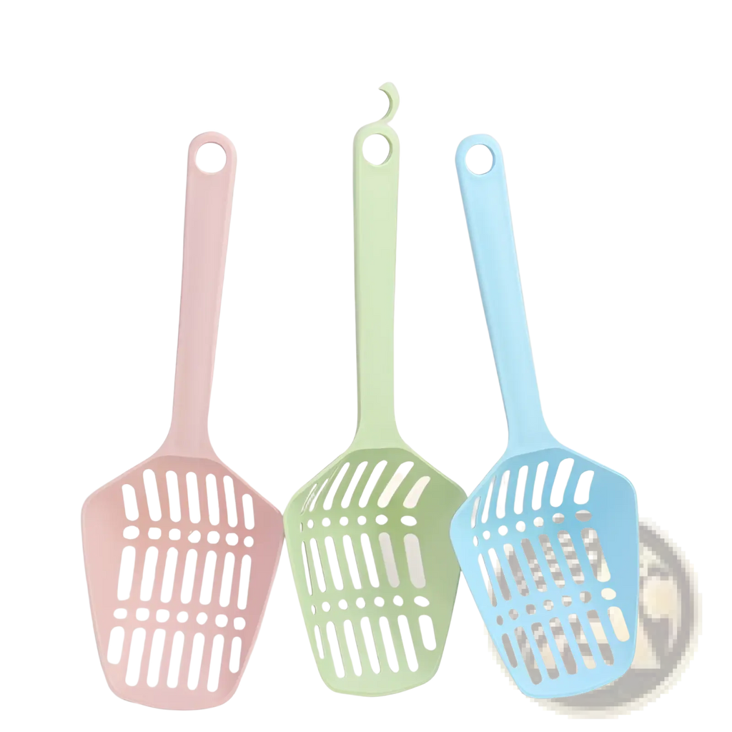 Pastel plastic cat litter scoops with solid handle in pink green and blue for easy cleaning of cat litter