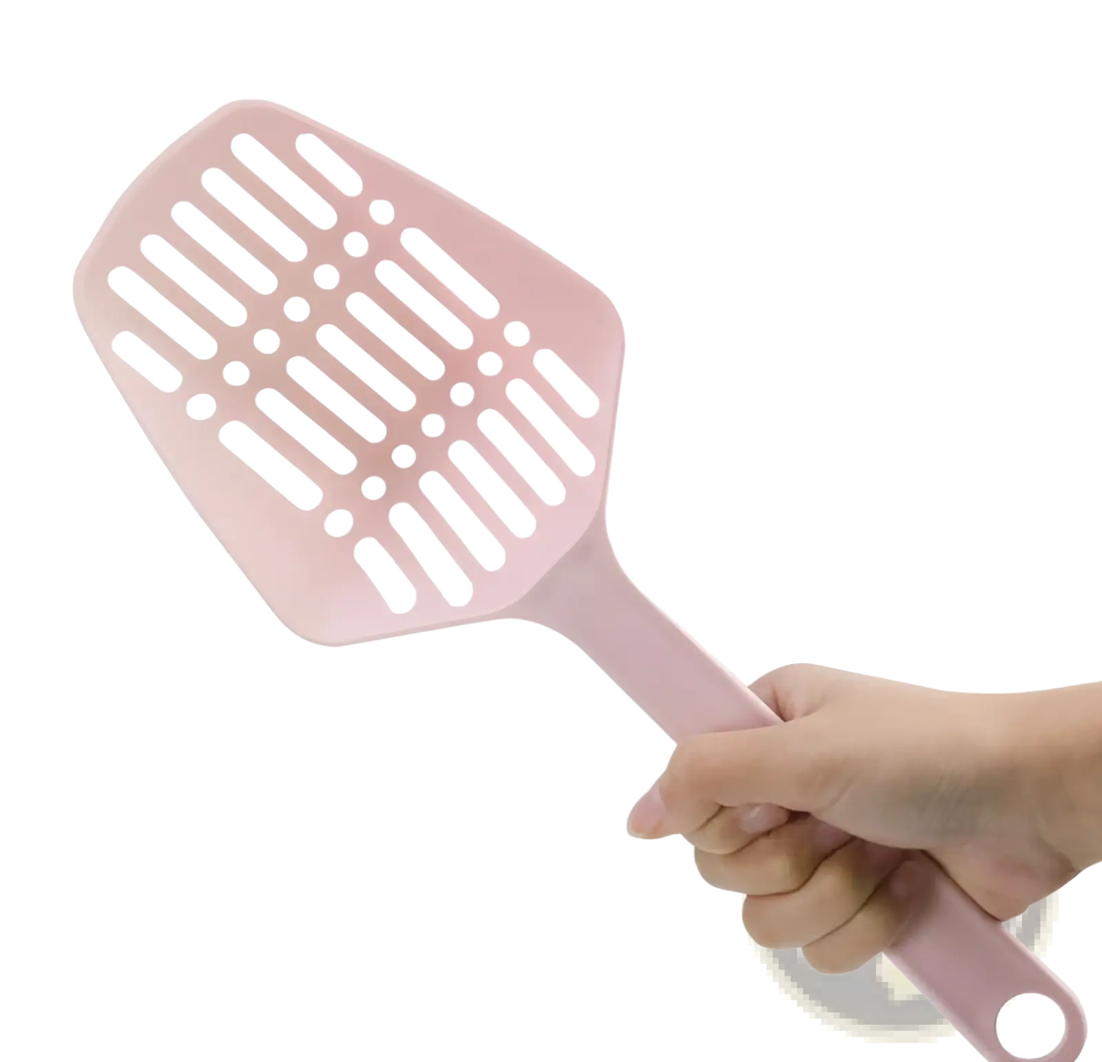 Pink pastel plastic cat litter scoop with solid handle and slotted head for efficient cleaning