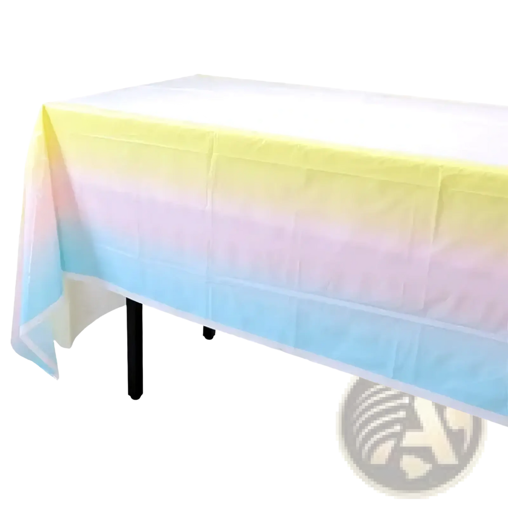 Pastel rainbow party tableware set featuring a smooth translucent plastic tablecloth with yellow pink and blue gradient