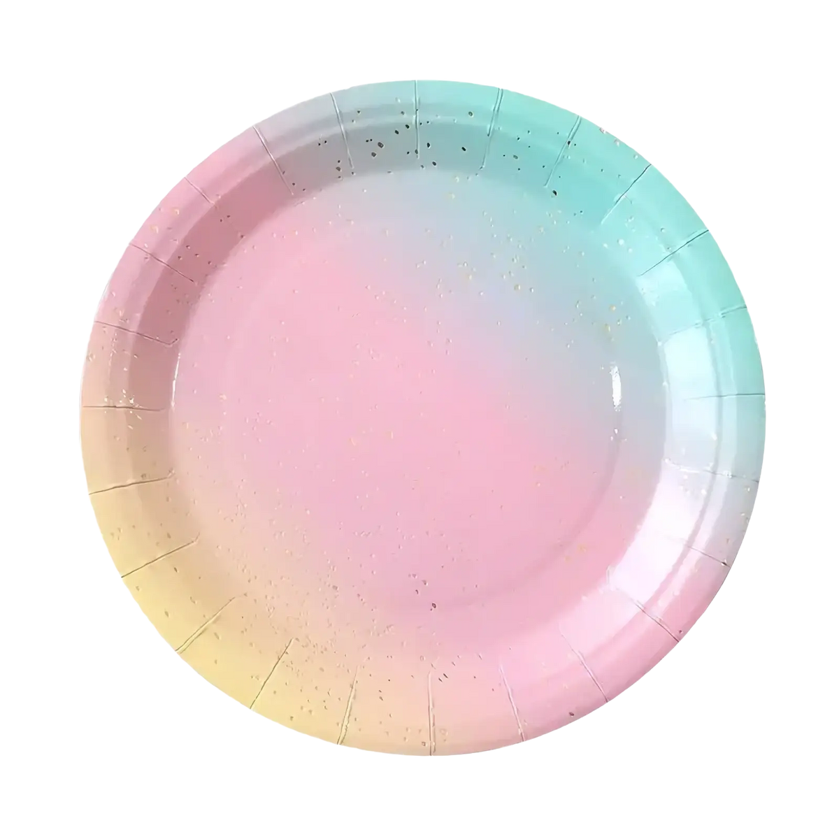 A 23cm diameter pastel rainbow paper plate with pink yellow and teal gradient and fine glitter for party tableware
