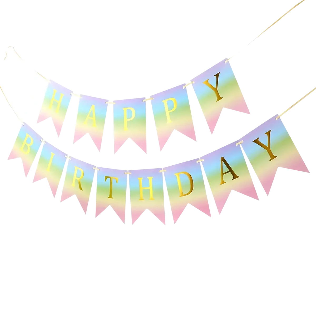 Pastel rainbow party tableware set featuring a happy birthday banner with rainbow gradient and gold foil lettering