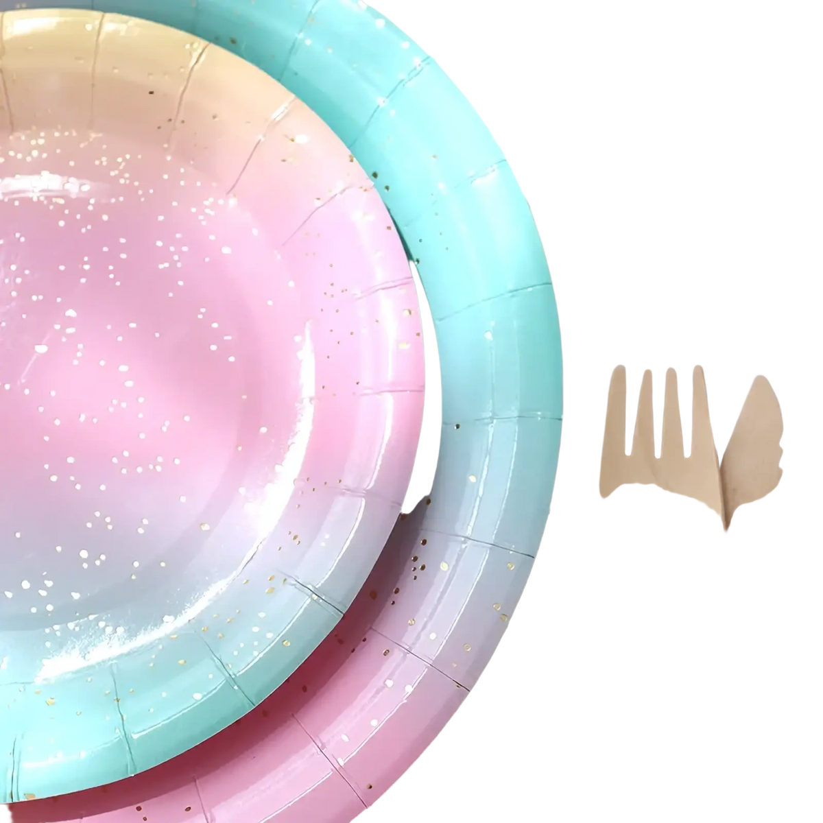 Pastel rainbow party tableware set pastel gradient paper plates with gold glitter speckles for festive occasions