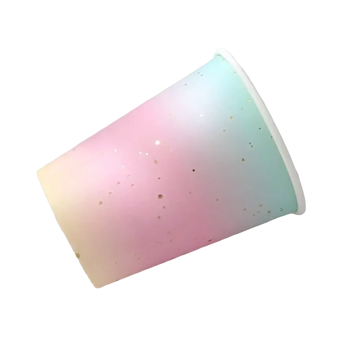 Pastel gradient paper cup with speckled gold glitter finish from the pastel rainbow party tableware set