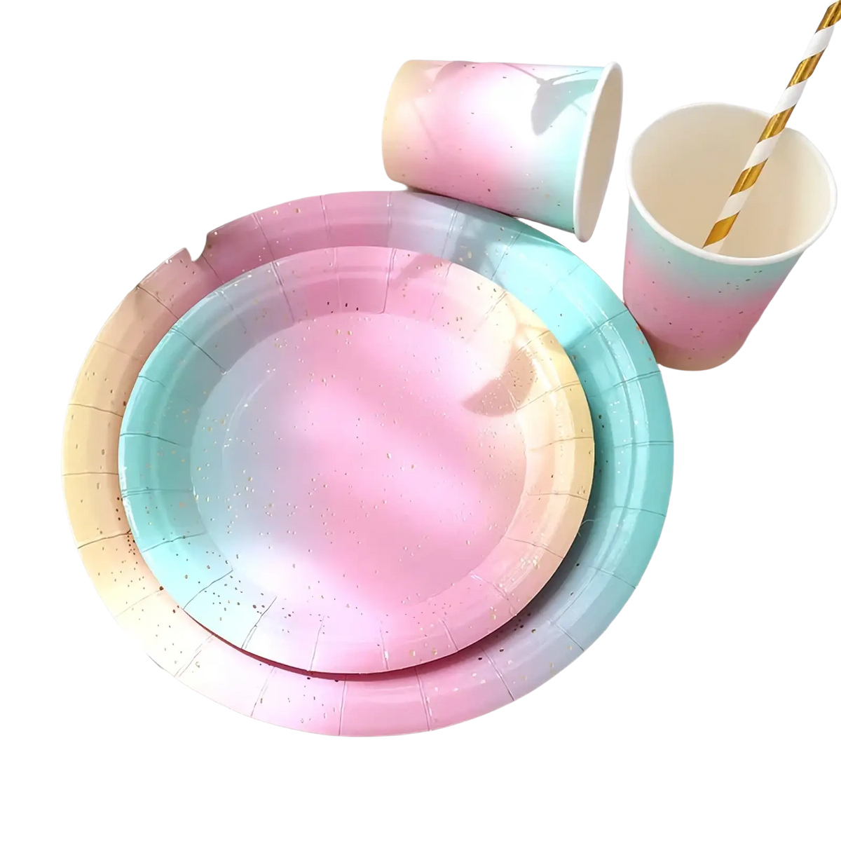 Pastel gradient paper plates with gold foil speckles from pastel rainbow party tableware set for festive occasions