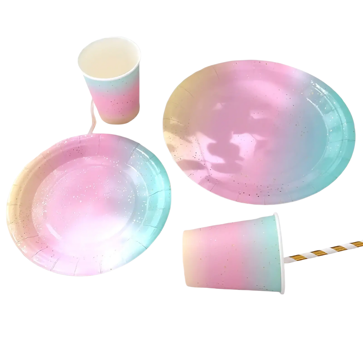 Pastel rainbow party tableware set paper plates with pastel gradient, speckled finish, and scalloped edges