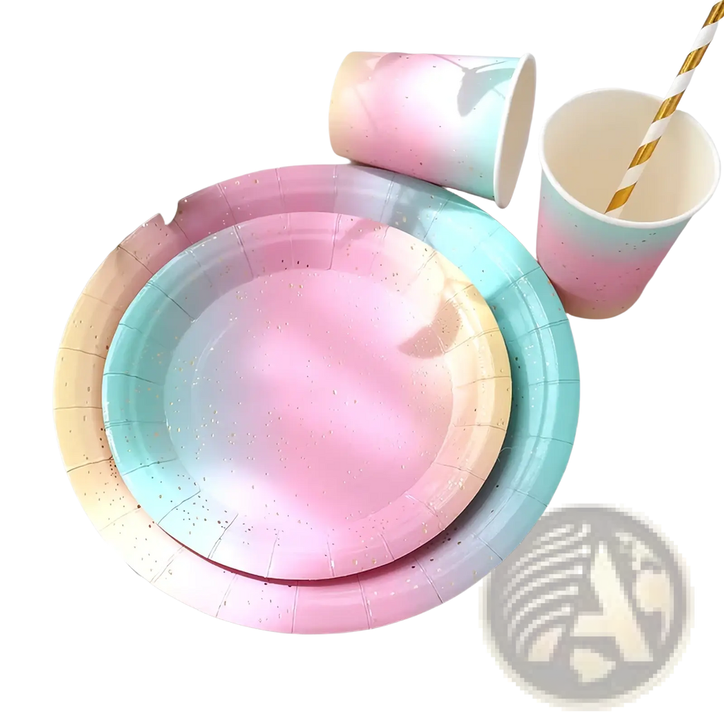Pastel gradient paper plates with gold foil speckles from pastel rainbow party tableware set for festive occasions