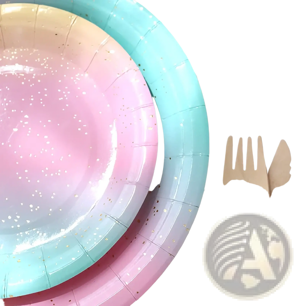 Pastel rainbow party tableware set pastel gradient paper plates with gold glitter speckles for festive occasions