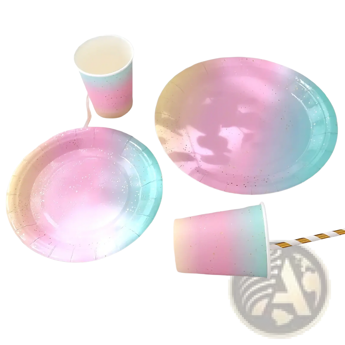 Pastel rainbow party tableware set paper plates with pastel gradient, speckled finish, and scalloped edges