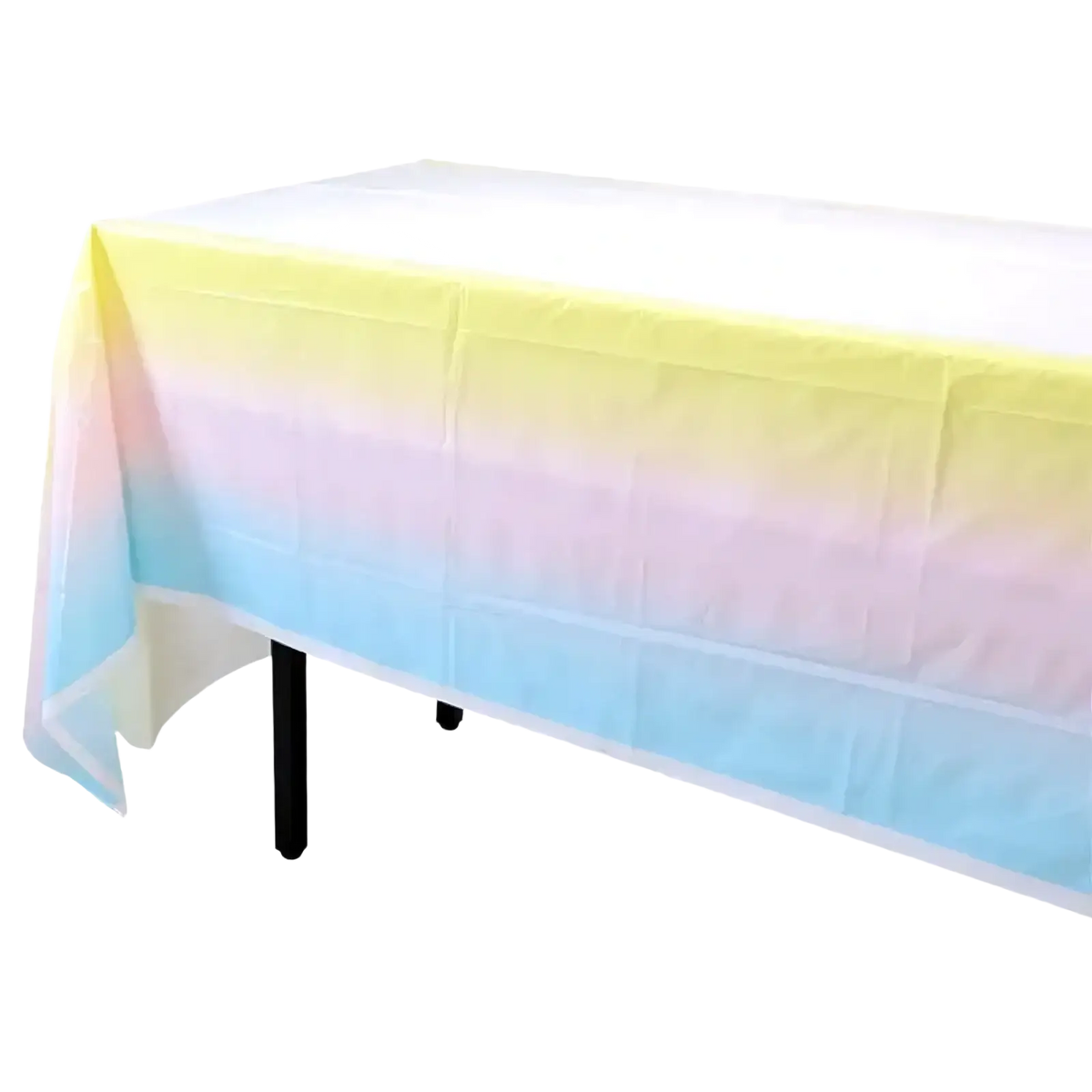 Pastel rainbow party tableware set featuring a smooth translucent plastic tablecloth with yellow pink and blue gradient