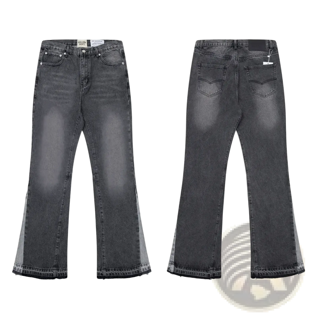 Dark gray denim patchwork bell bottom jeans with faded wash and raw hem in a flare style
