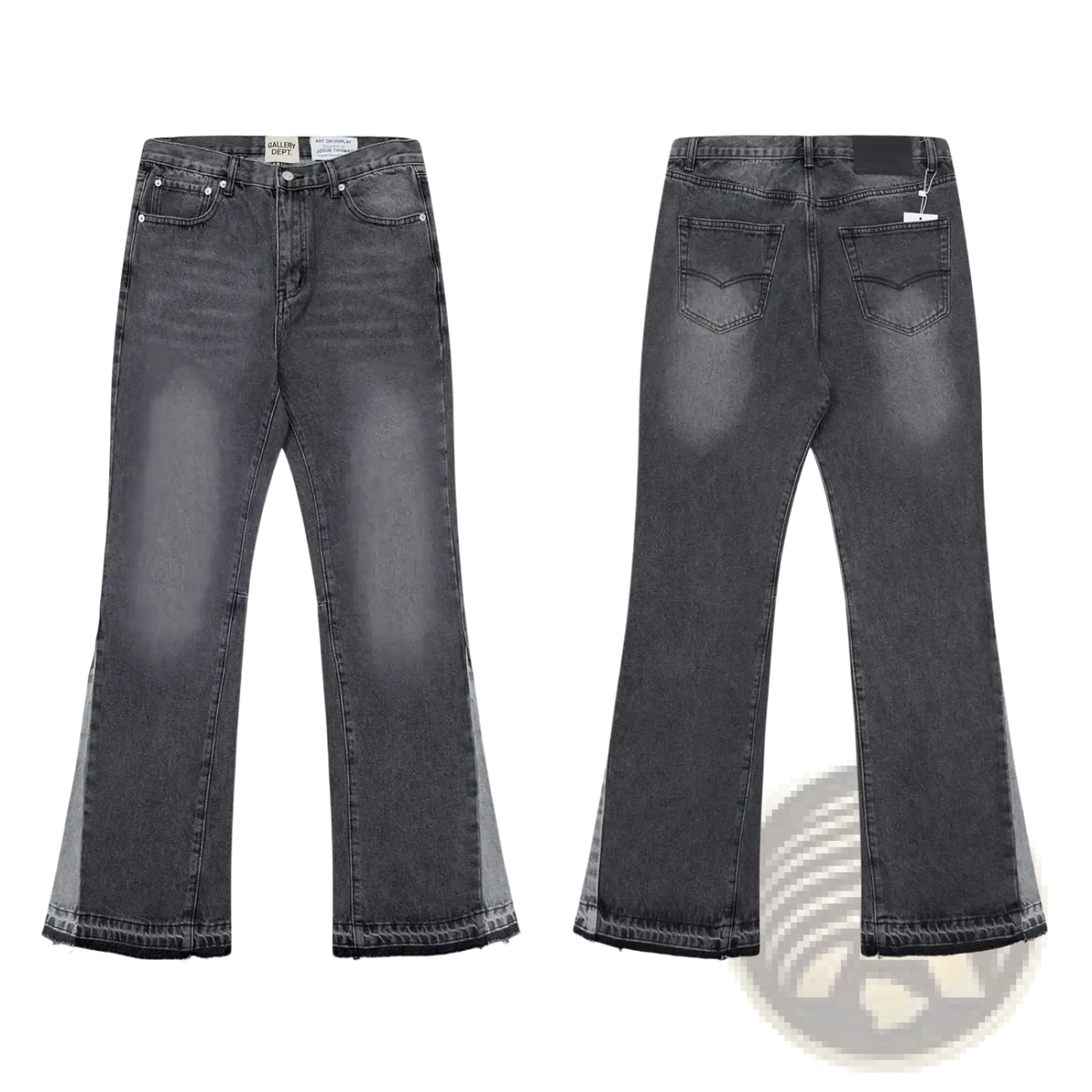 Dark gray denim patchwork bell bottom jeans with faded wash and raw hem in a flare style