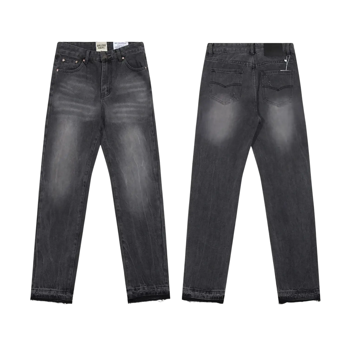 Dark gray denim patchwork bell bottom jeans with faded wash and frayed hems made from durable denim material
