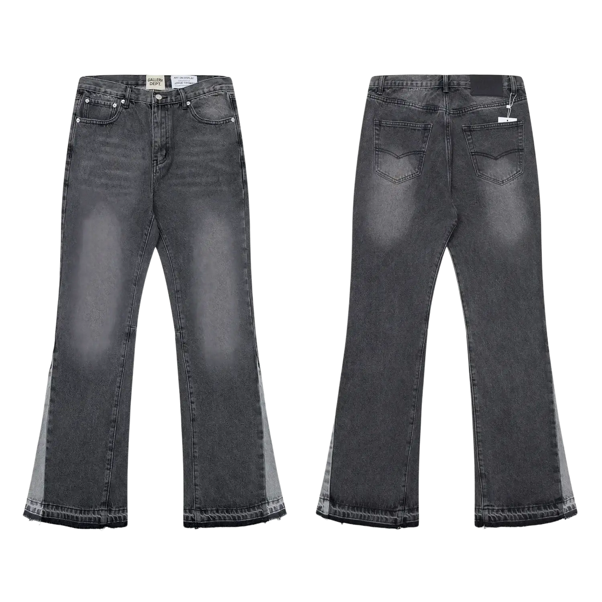 Dark gray denim patchwork bell bottom jeans with faded wash and raw hem in a flare style