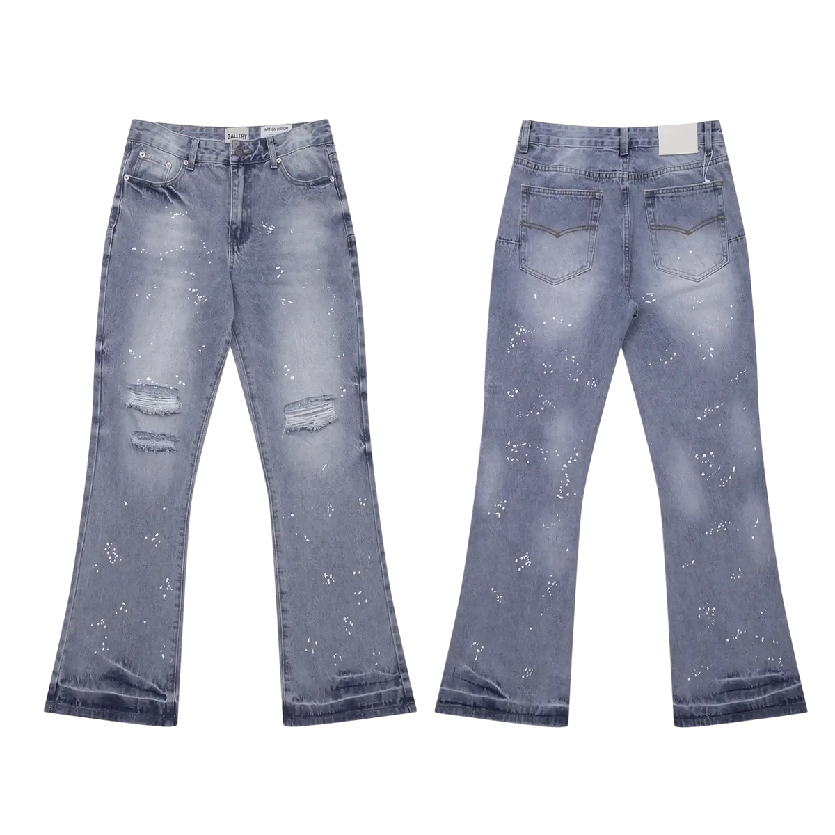 Distressed gray denim patchwork bell bottom jeans with white paint splatter and ripped knee patches