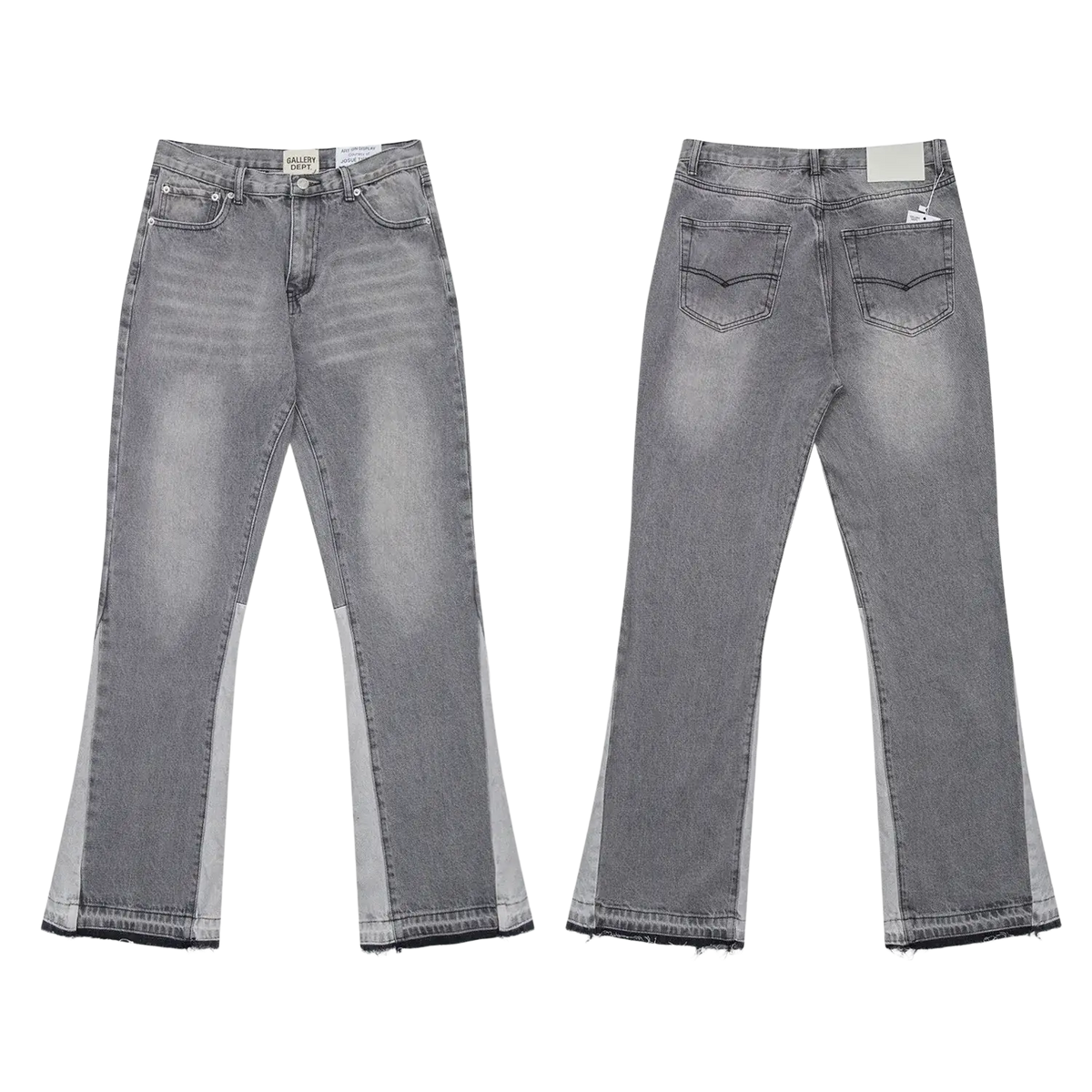Gray denim patchwork bell bottom jeans with faded wash and contrasting light gray outer side panels