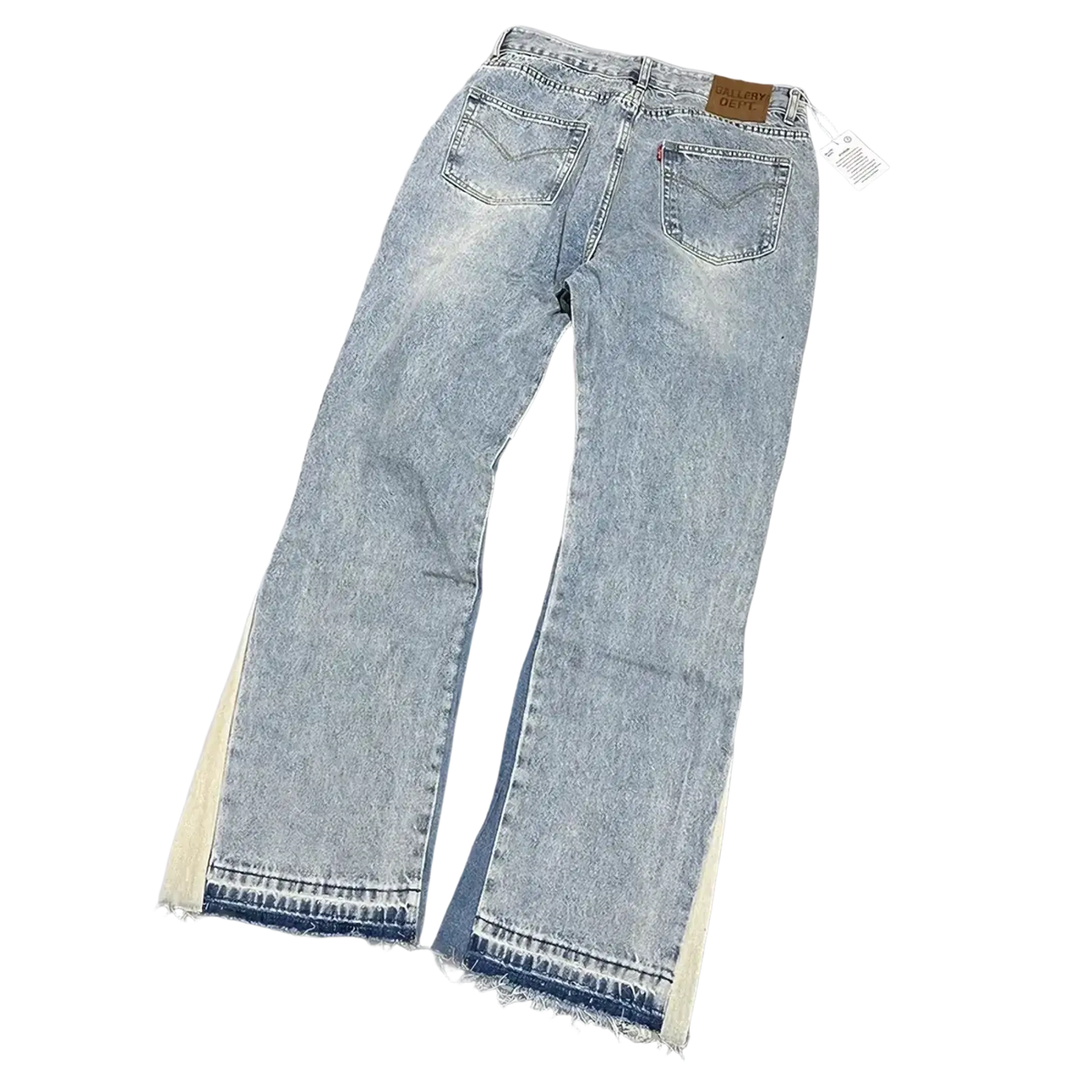 Light-wash patchwork denim bell bottom jeans with flared leg frayed hem and cream-colored side panels