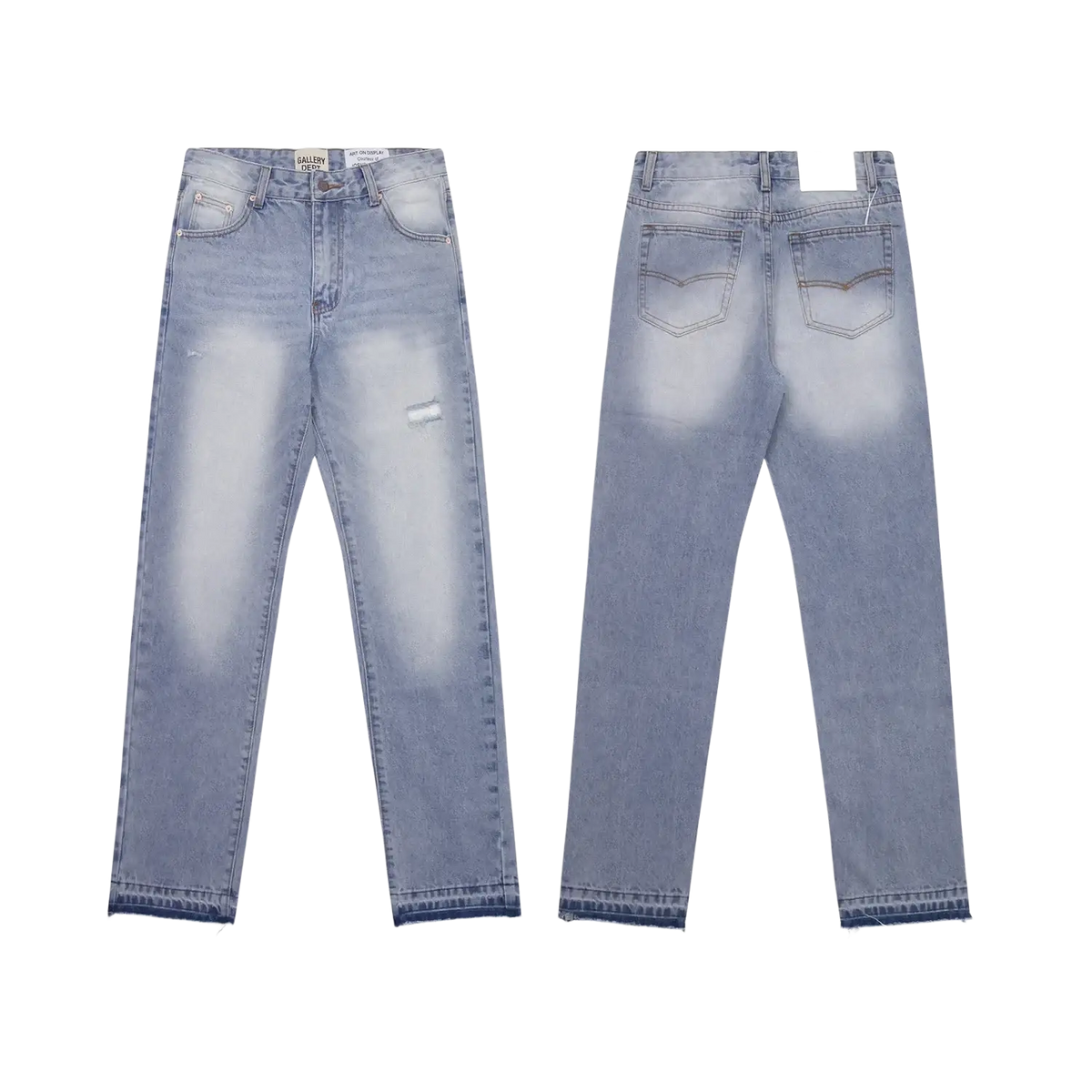 Patchwork denim bell bottom jeans in light wash with faded distressed look and frayed hems made of denim material