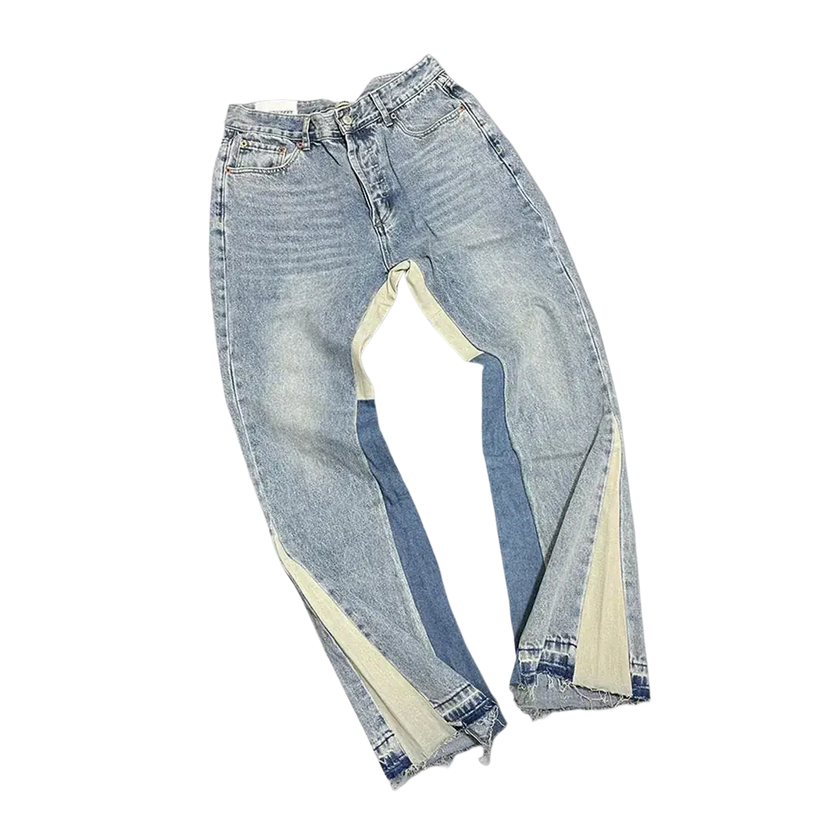 Light-wash patchwork denim bell jeans with cream side panels and frayed hems in a bell bottom style