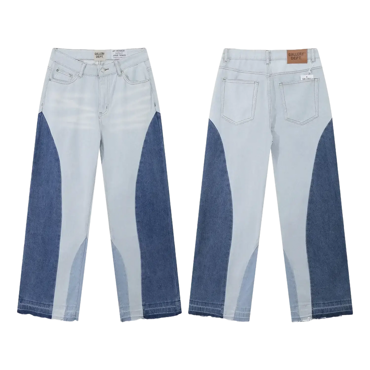 Light-wash patchwork denim bell bottom jeans with dark blue panels and classic five-pocket design