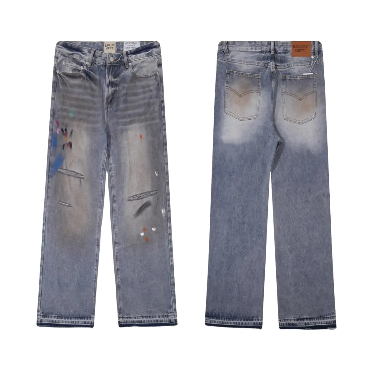 Patchwork denim bell bottom jeans in light wash with distressed, paint-splattered details and frayed hems