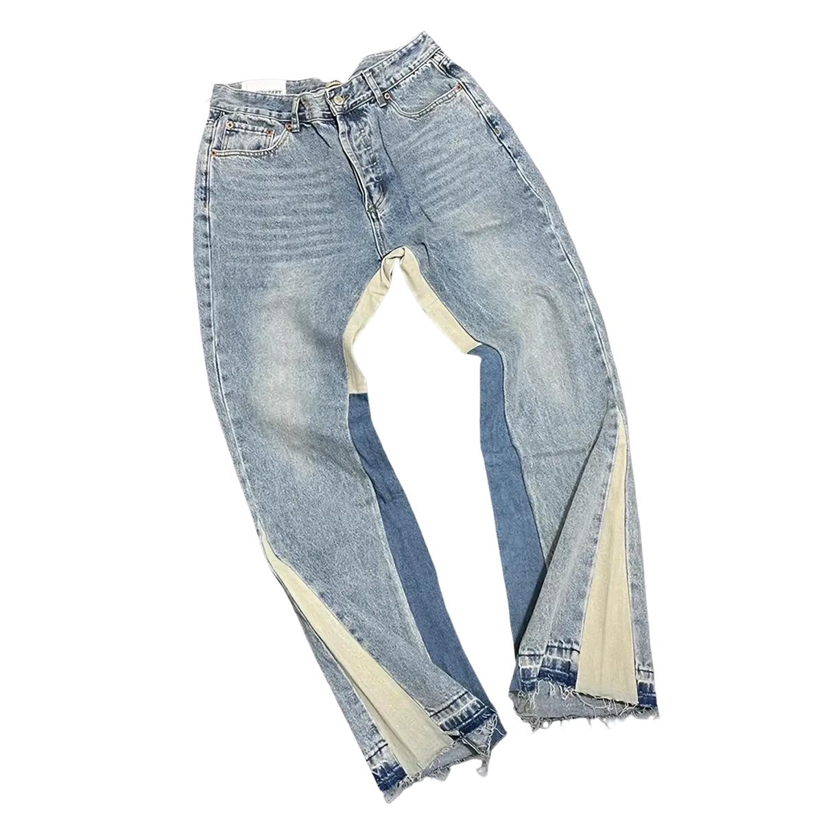 Patchwork denim bell bottom jeans in light-wash denim with cream and medium blue panels and frayed hems