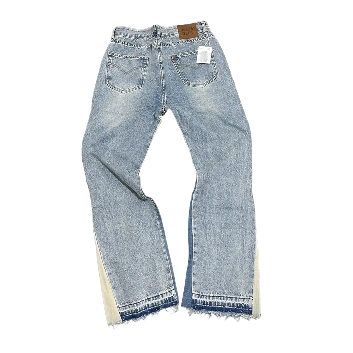Patchwork denim bell bottom jeans in light-wash denim with cream side panels and frayed hem detailing