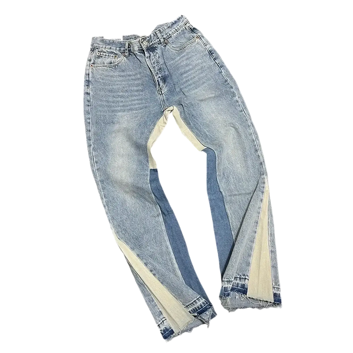 Light-wash patchwork denim bell jeans with cream panels on outer thighs and frayed hem detail