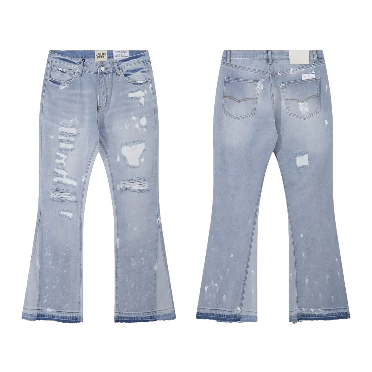 Light-wash denim Patchwork Bell Bottom Jeans with distressed ripped details and white paint splatter accents