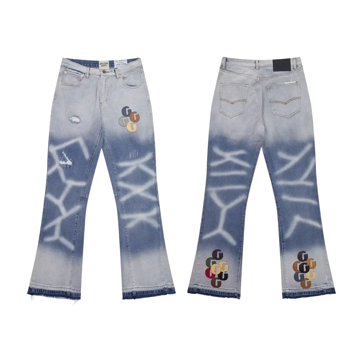 Light-wash patchwork denim bell flare jeans with gradient fade white graffiti and colorful logo patches on legs