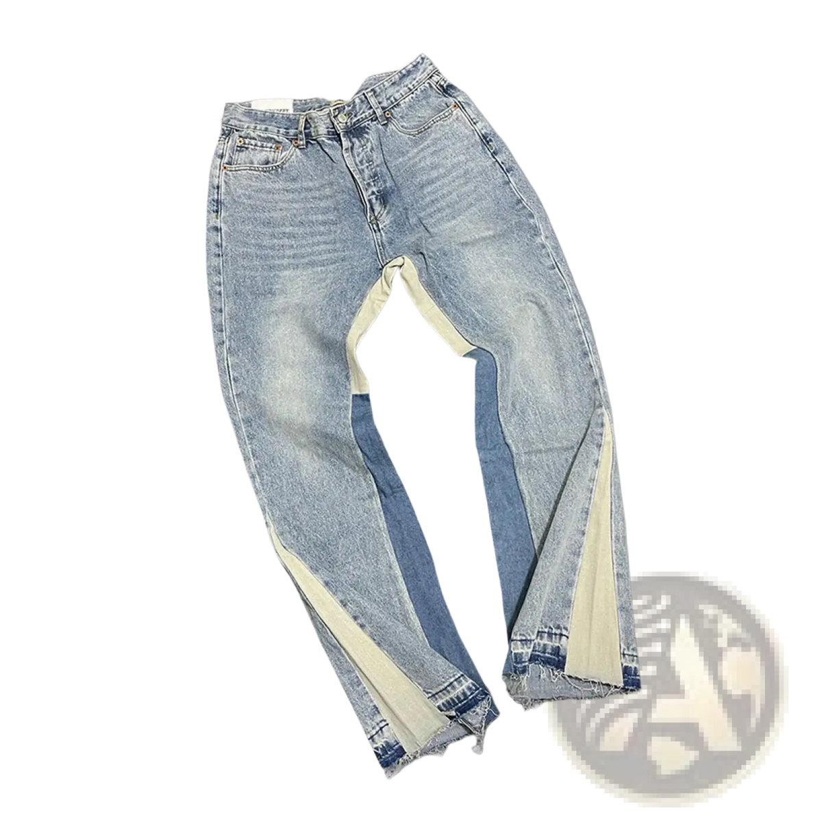 Light-wash denim bell bottom jeans with contrasting cream side panels and frayed hems in patchwork design