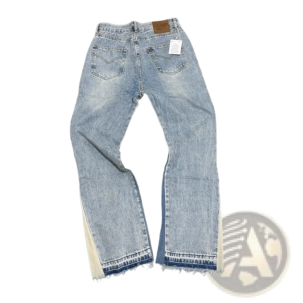 Light-wash patchwork denim bell bottom jeans with cream side panels and frayed hems in a flared leg cut