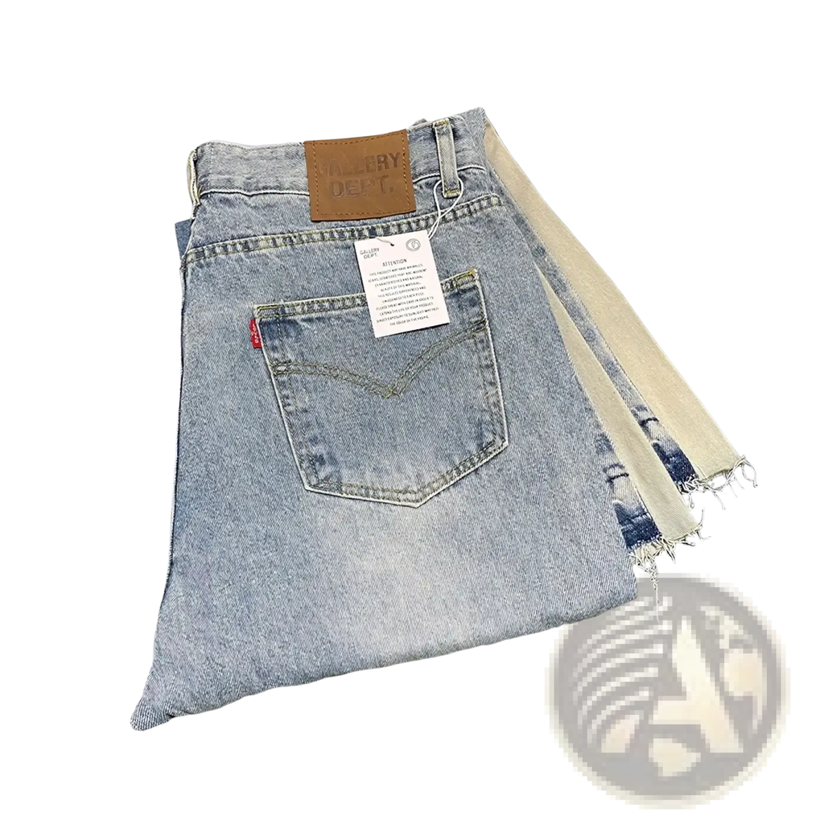 Light-wash patchwork denim bell bottom jeans with frayed hem and brown leather brand patch on the waistband back side