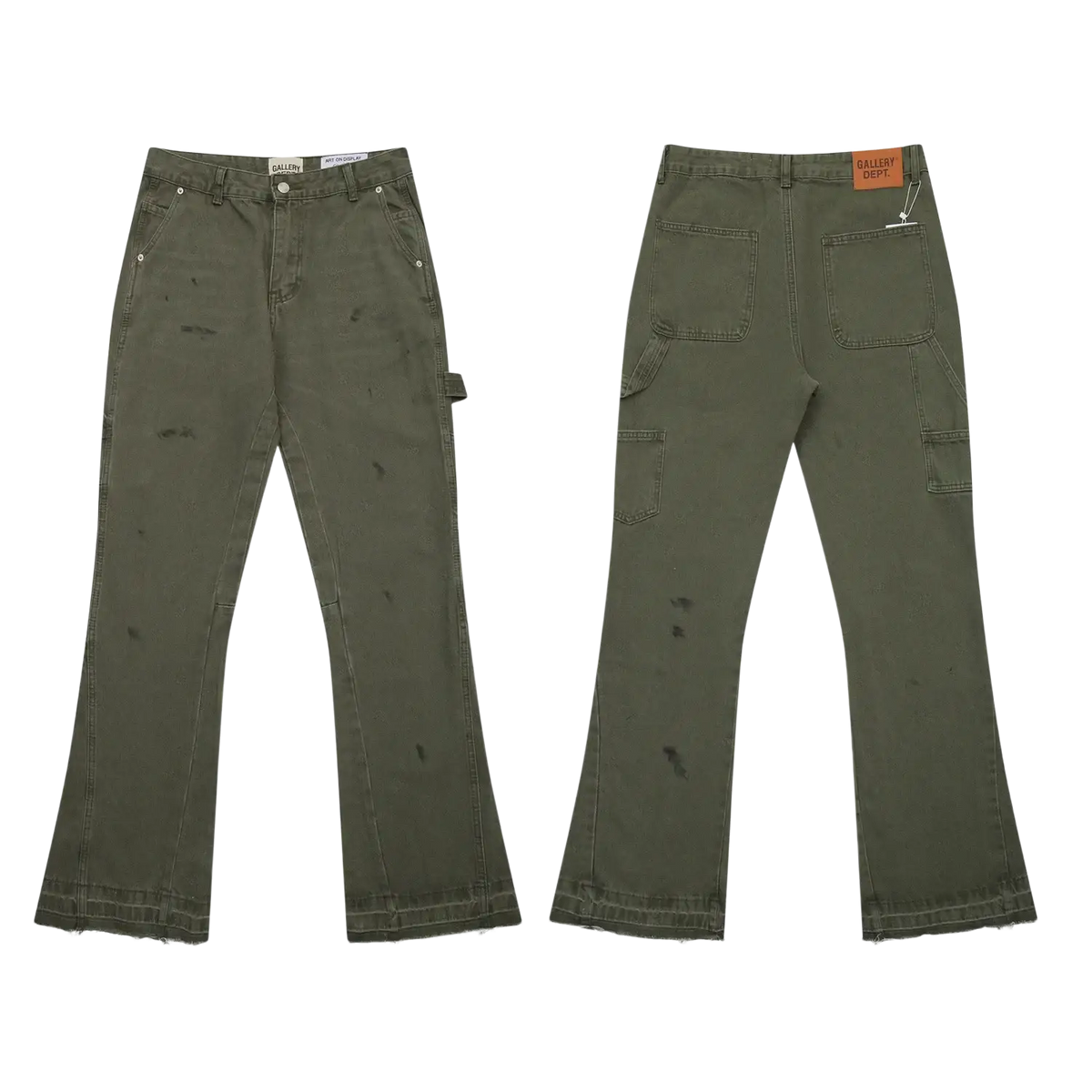 Olive green distressed denim flare pants with frayed hems and multiple cargo pockets patchwork denim bell bottom jeans