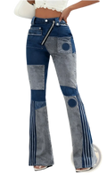 High-waisted patchwork flare leg denim pants with dark blue and faded gray fabric panels and circular patch accents