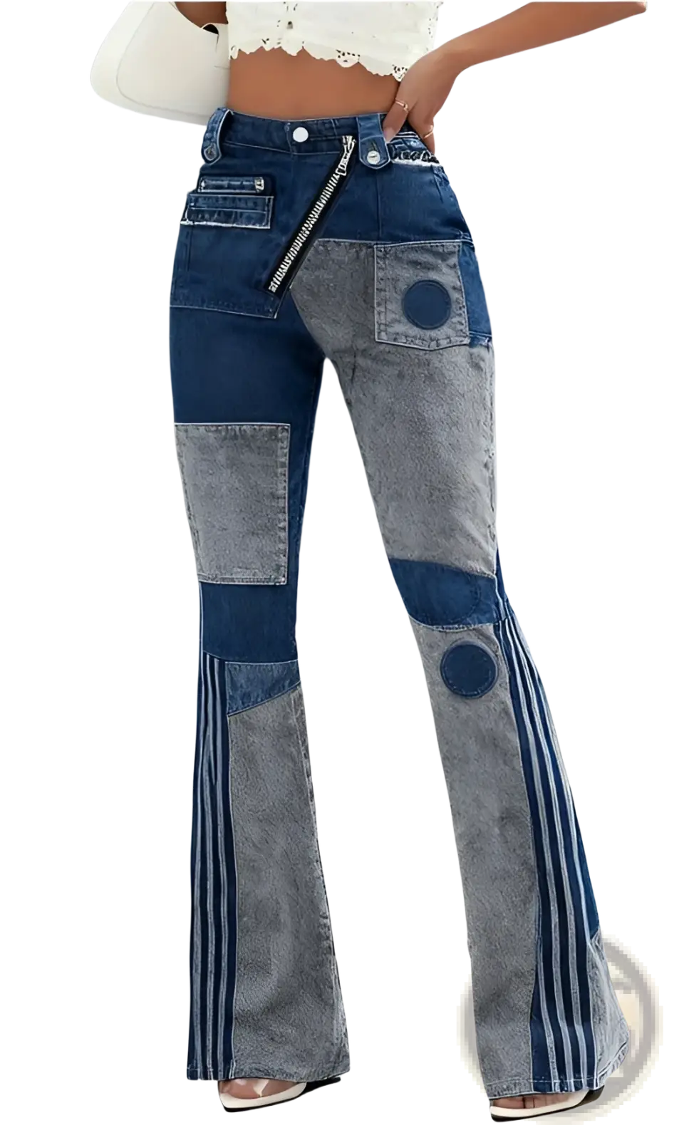 High-waisted patchwork flare leg denim pants with dark blue and faded gray fabric panels and circular patch accents