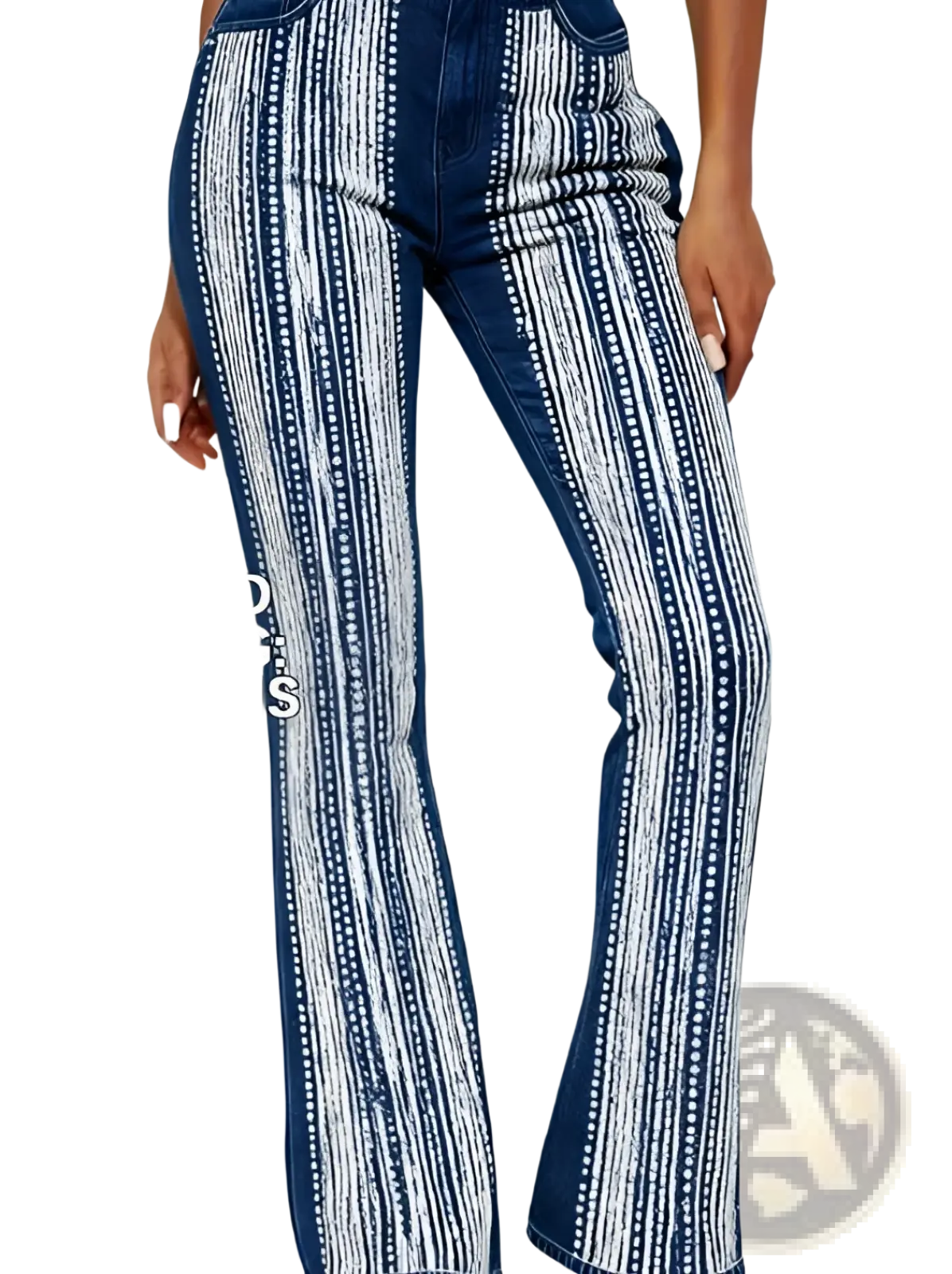 Blue and white vertically striped printed leggings with a flared leg design resembling patchwork flare leg denim pants