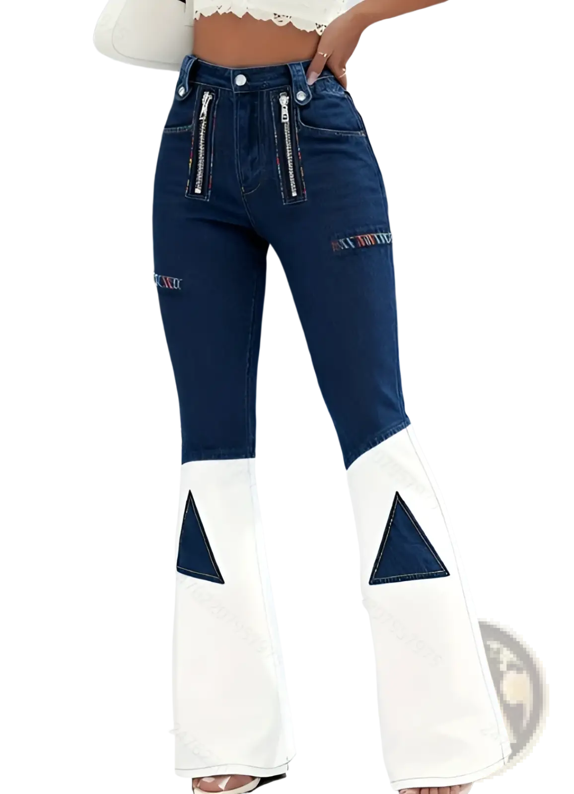 Dark blue denim patchwork flare leg pants with white lower legs, navy triangle patches, and front zipper pockets