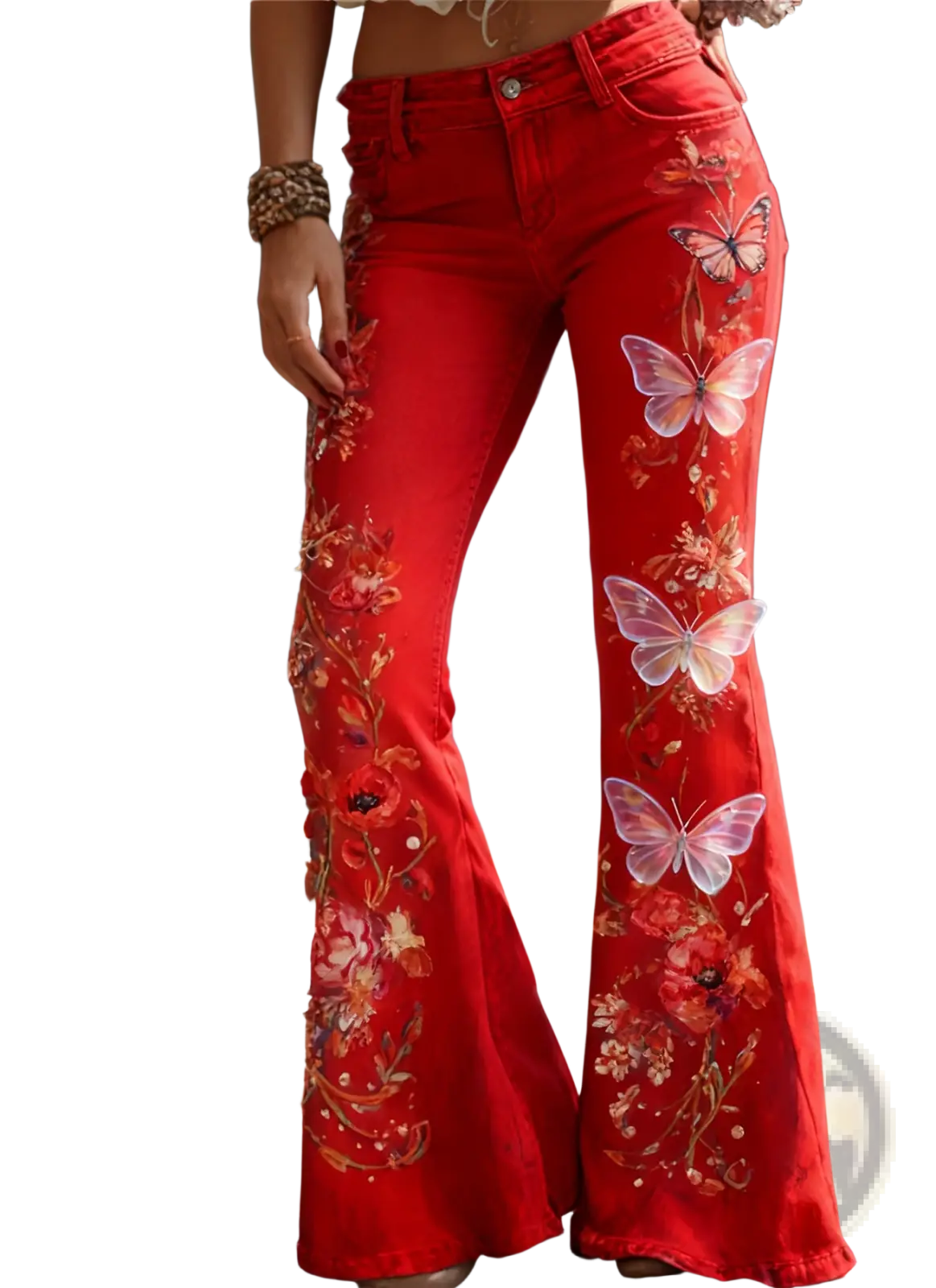 Vibrant red patchwork flare leg denim pants with intricate floral and butterfly designs made from smooth fabric