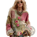 A patchwork floral sweatshirt for women featuring pastel knit fabric with embroidered pink roses and layered lace details