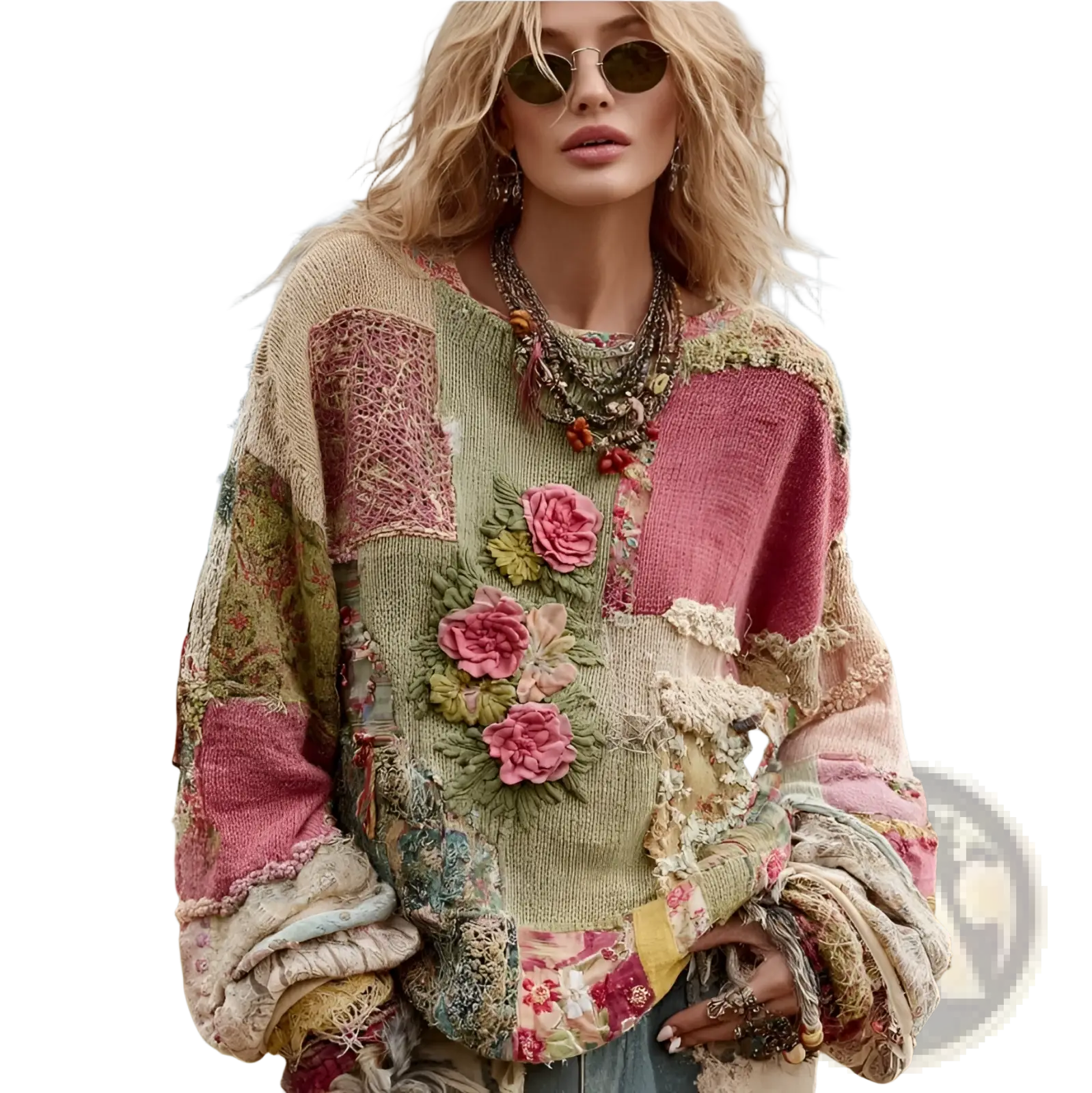 A patchwork floral sweatshirt for women featuring pastel knit fabric with embroidered pink roses and layered lace details