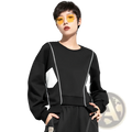 Black oversized sweatshirt with white geometric panels and contrasting stitching from patchwork irregular hoodie pullover womens clothing