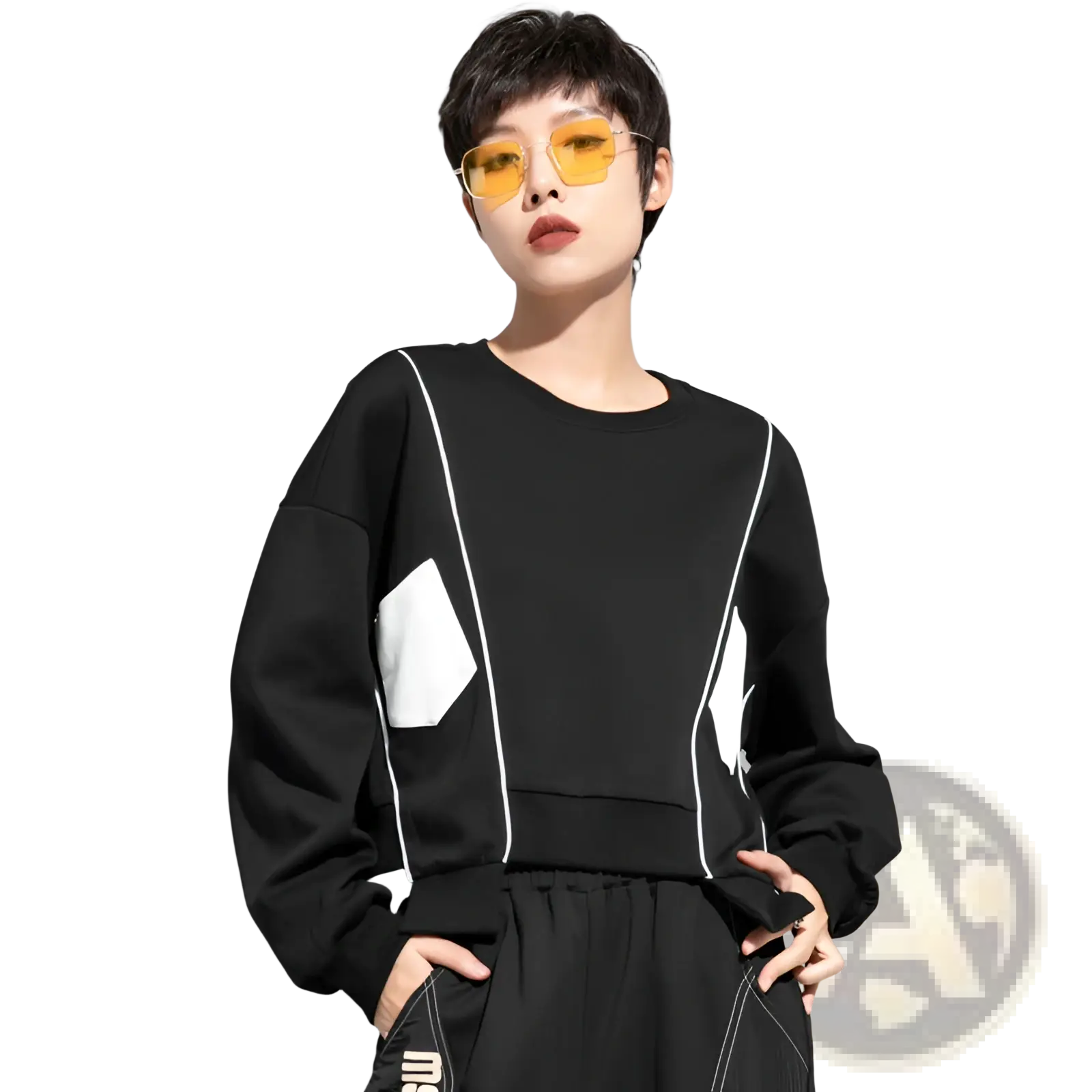 Black oversized sweatshirt with white geometric panels and contrasting stitching from patchwork irregular hoodie pullover womens clothing