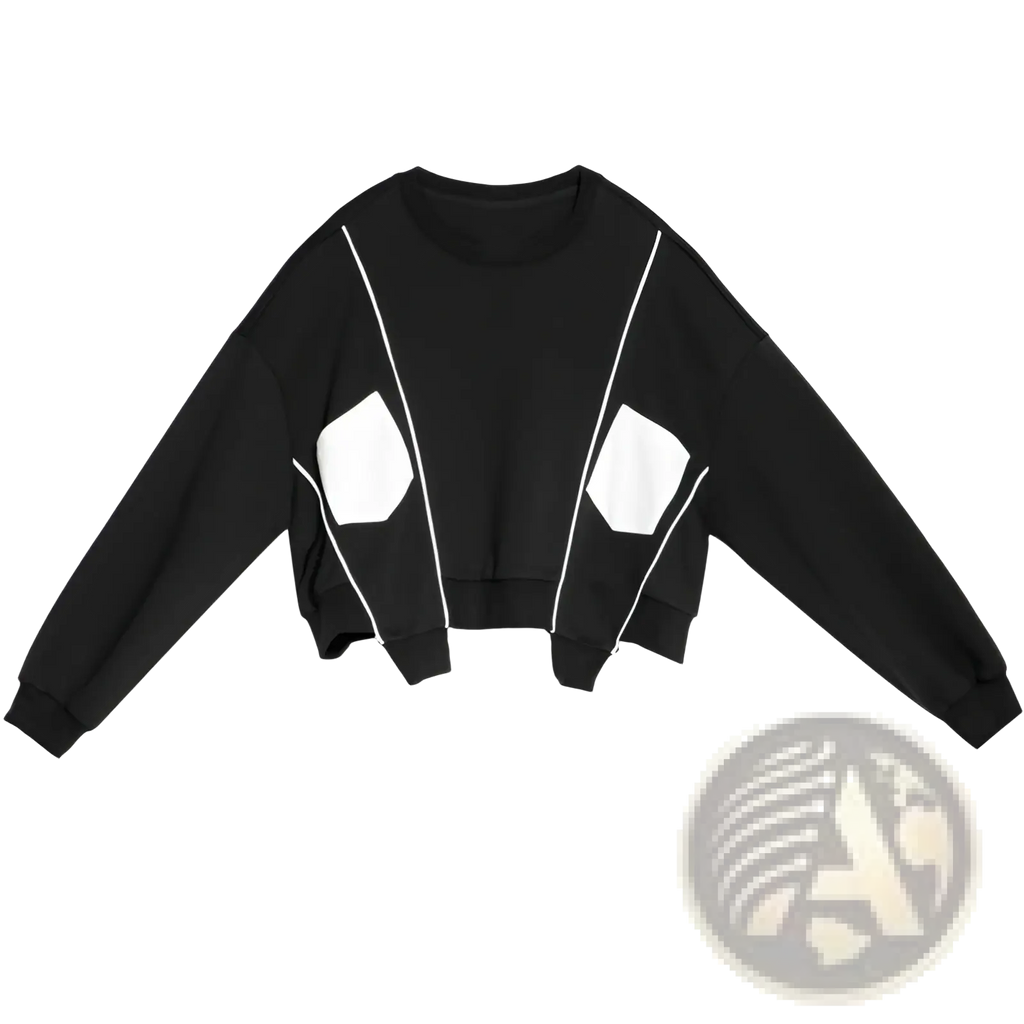Black cropped sweatshirt with white geometric panels and contrasting stitching in patchwork irregular hoodie design for women